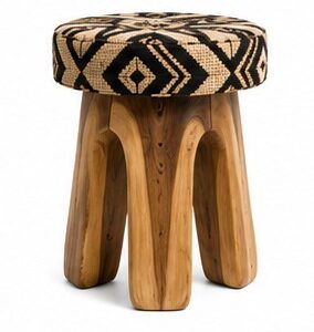 Tabouret Bois & Raphia Motif Bogolan